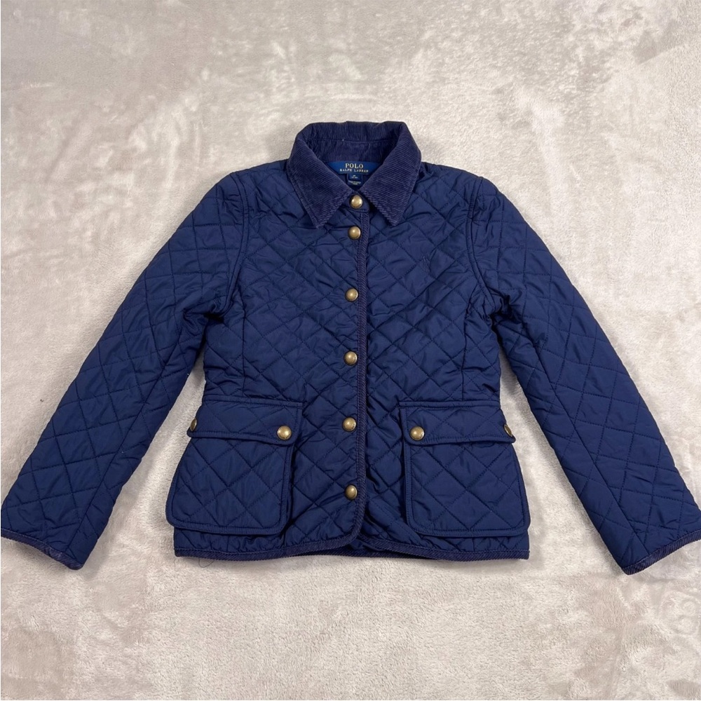 Polo Ralph Lauren Navy Jacket Girls (M) Quilted w/ Corduroy Collar Equestrian
